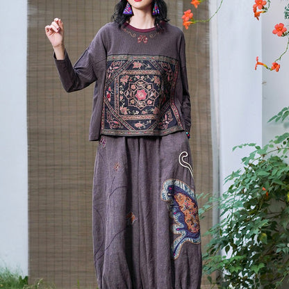 Vintage Urban Linen Embroidery T Shirts & Pants for Women
