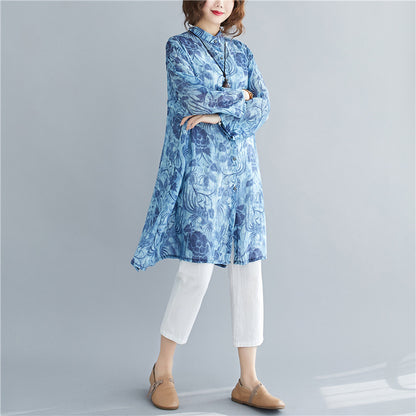 Blue Plus Sizes Long Women Shirts