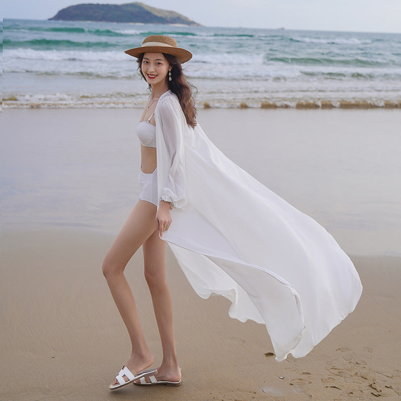 White Chiffon Summer Long Beach Cover Dresses