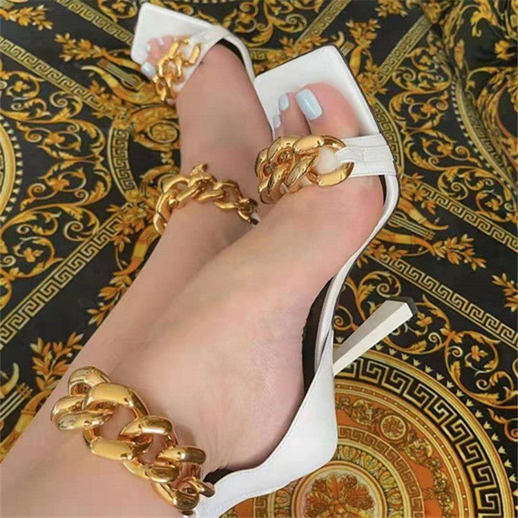 Women Metal Chains Plus Sizes Summer High Heels Sandals