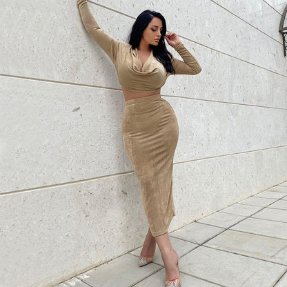 Sexy High Waist Long Sleeves Midriff Baring 2pcs/Set