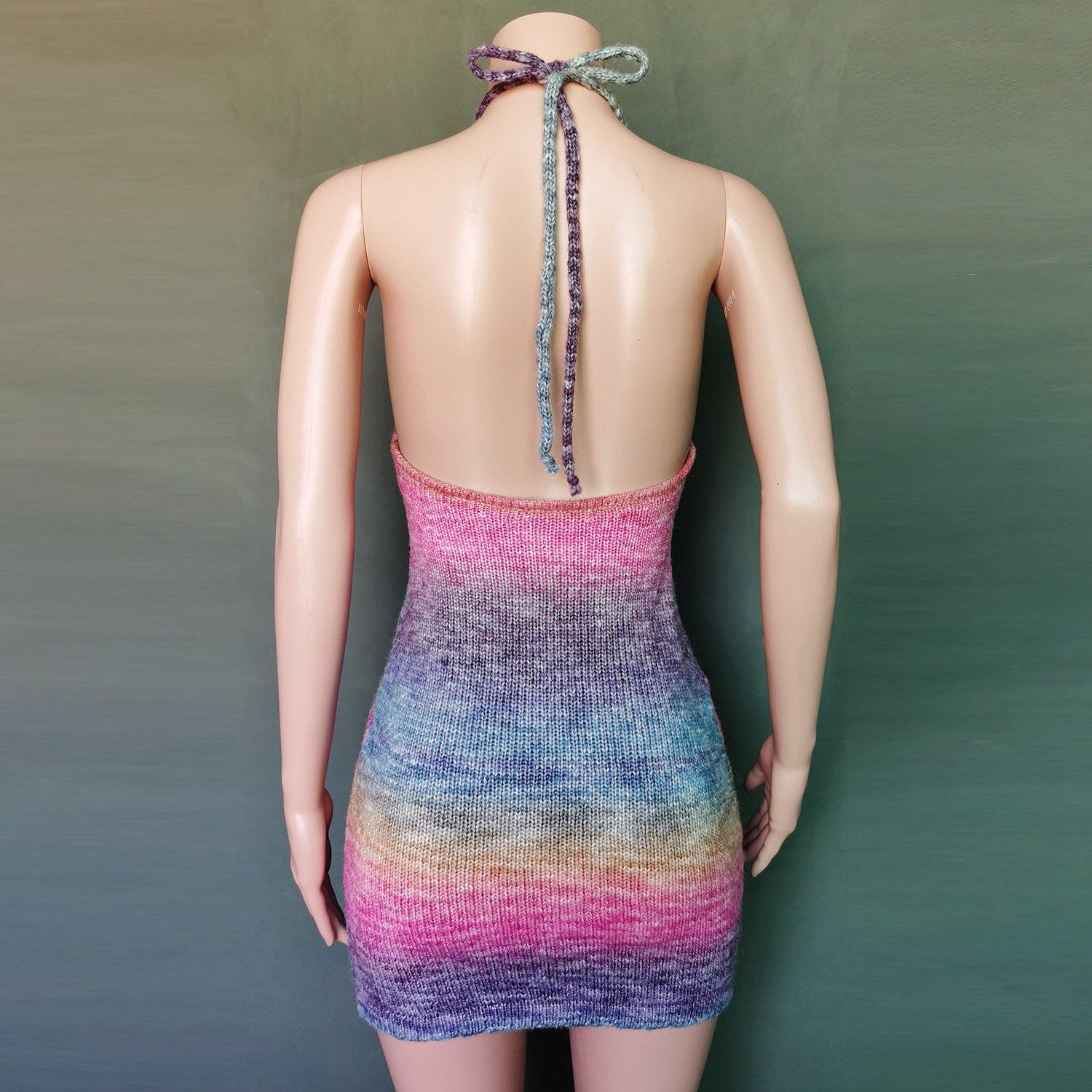 Sexy Deep V-neck Rainbow Knitting Dresses-STYLEGOING