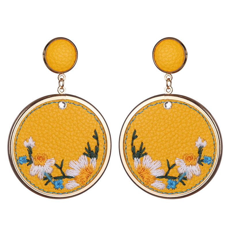 Vintage Pu Leather Embroidery Ethnic Earrings for Women