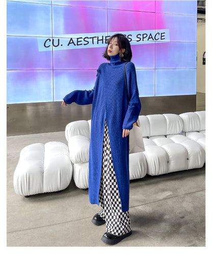 Women Irregular High Neck Knitted Split Tops