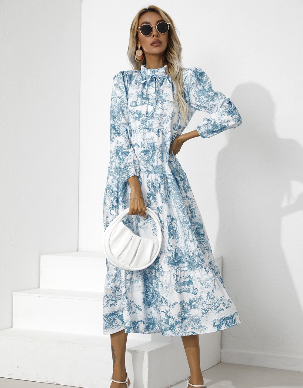 Women Round Neck Loose Fall Long Dresses-STYLEGOING