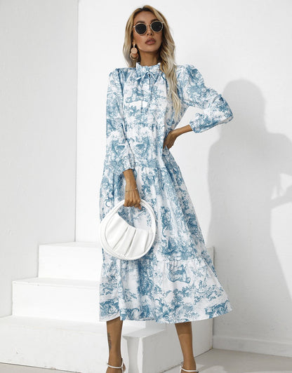 Women Round Neck Loose Fall Long Dresses-STYLEGOING