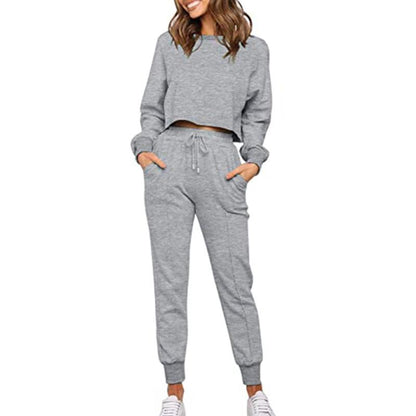 Women Round Neck Drawstring Casual Fall Sporting Suits-STYLEGOING