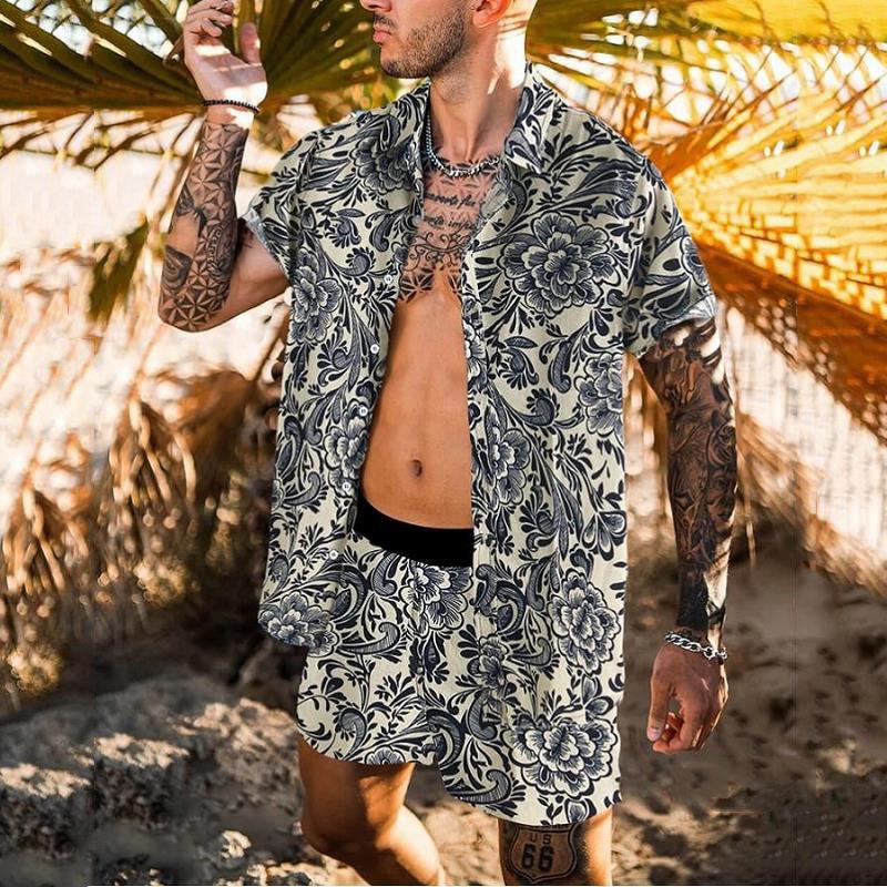 Summer Casual Print Men Beach T-shirts&Shorts Suits-STYLEGOING