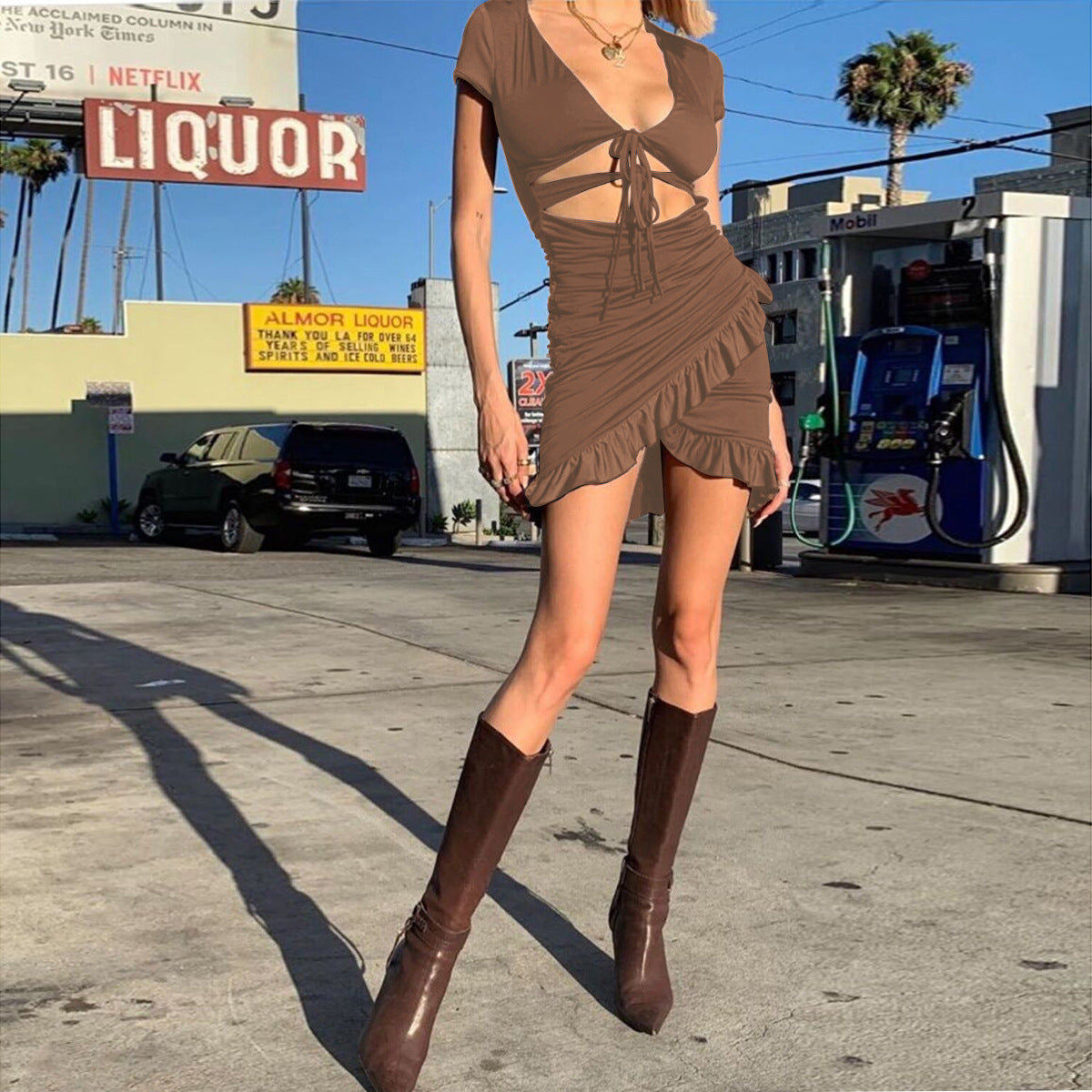 Sexy Deep V Neck Ruffled Bodycon Dresses