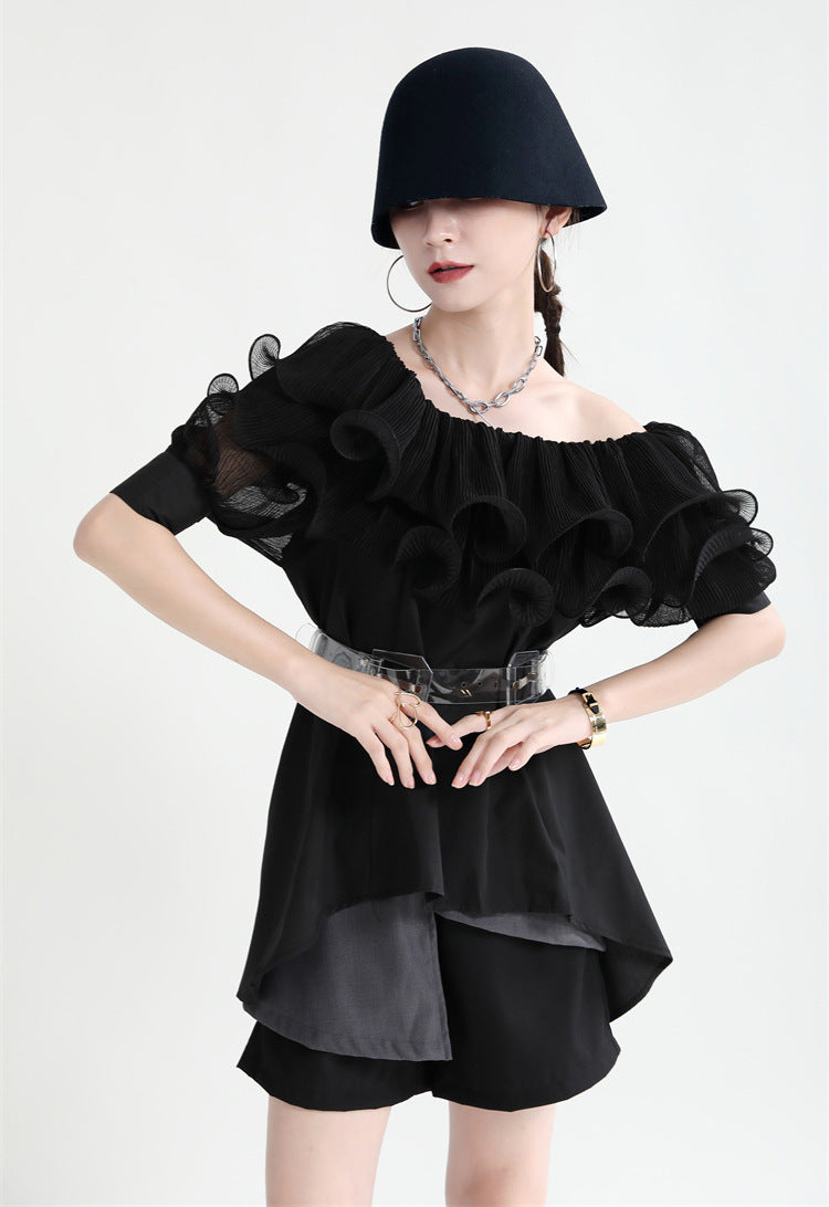 Summer Off The Shoulder Chiffon Ruffled Shirts with Belt for Girls