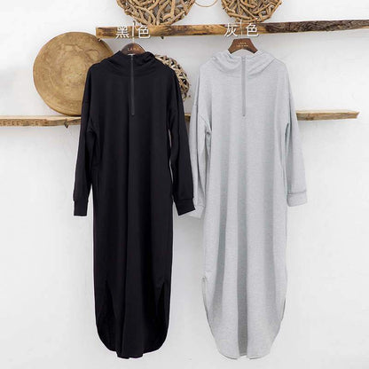 Women Casual Zipper Fall Long Hoody Dresses-STYLEGOING