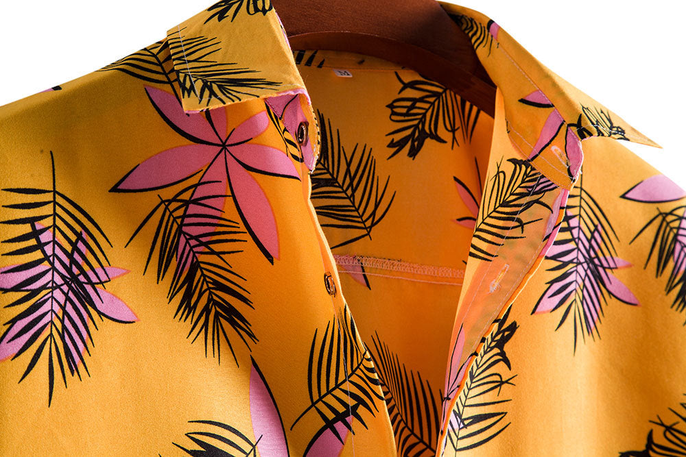 Yellow Floral Print Men's Short Sleeves Shirts