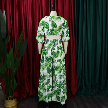 Casual Leaf Print Two Pieces Women Suits