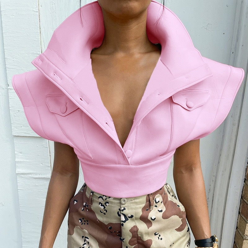 Designed Stand Collar Short Women Top Coat