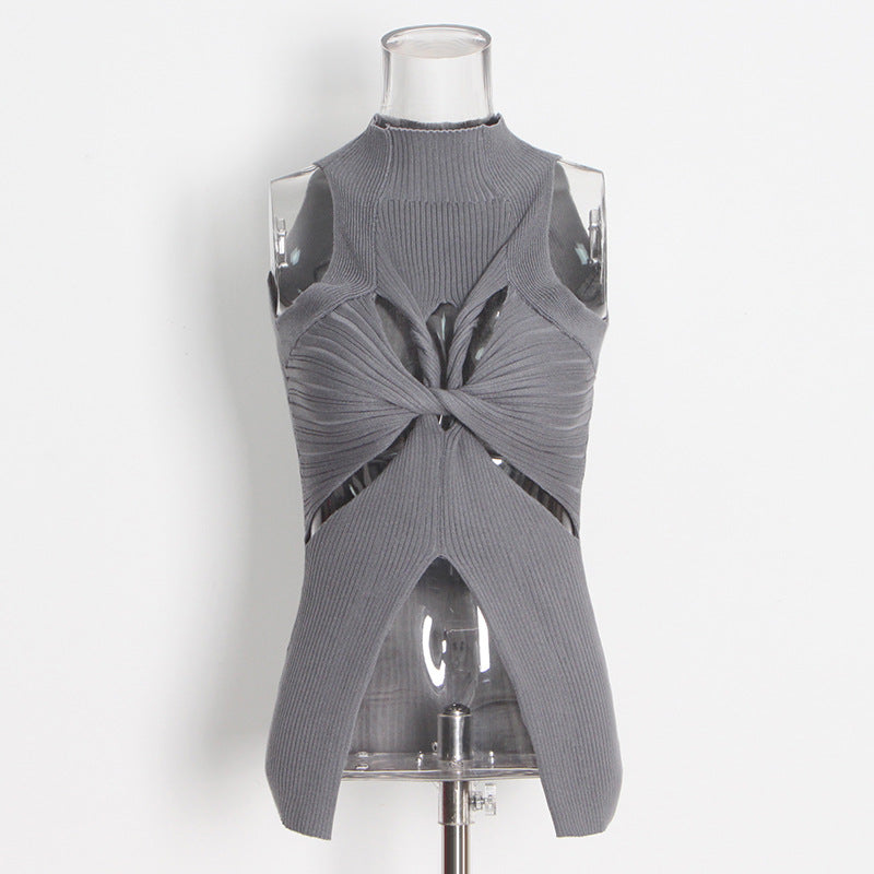 Designed High Neck Irregular Women Knitted Tank Tops