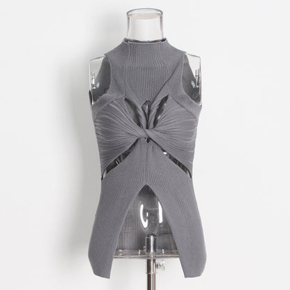 Designed High Neck Irregular Women Knitted Tank Tops