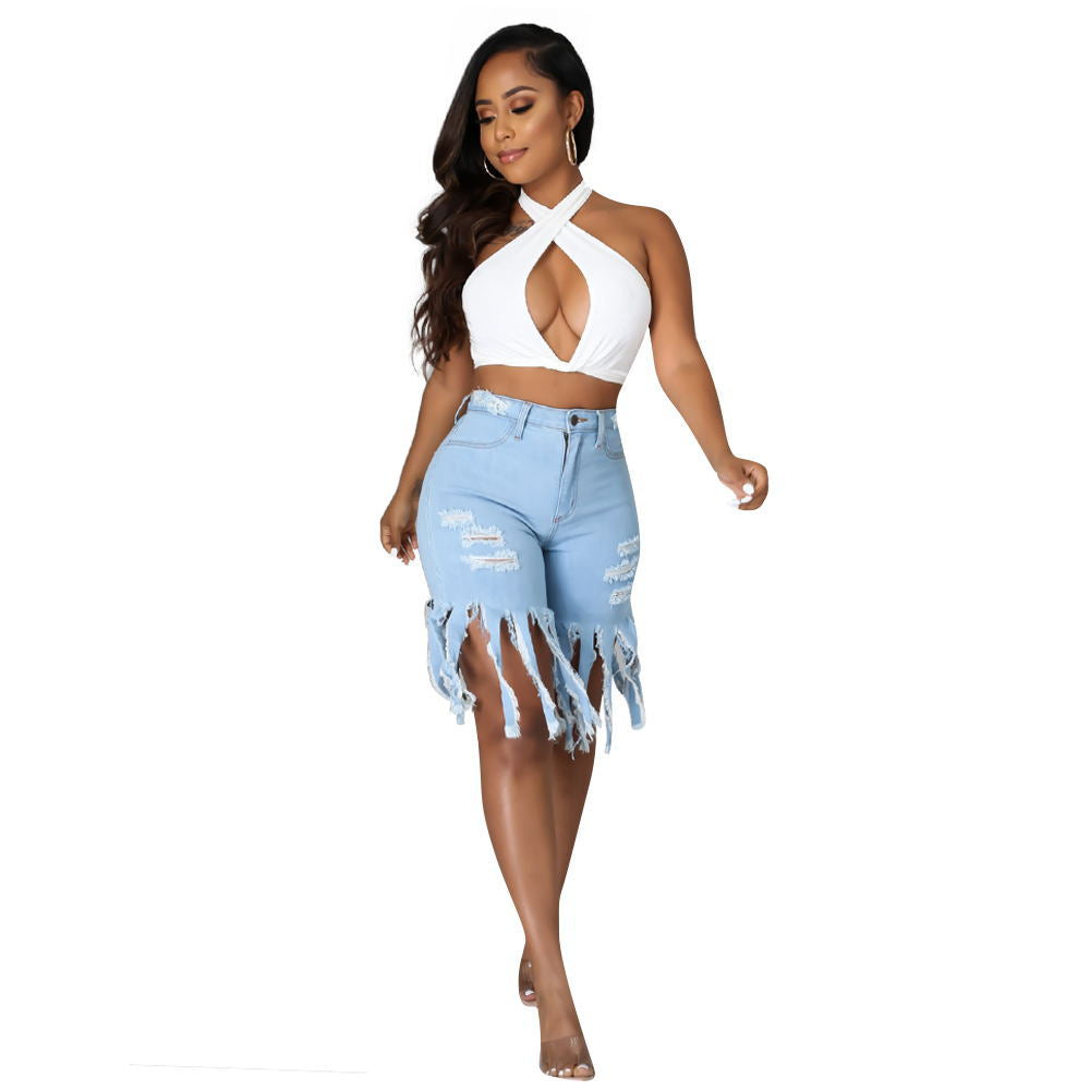 Casual Broken Holes Tassels Short Jeans