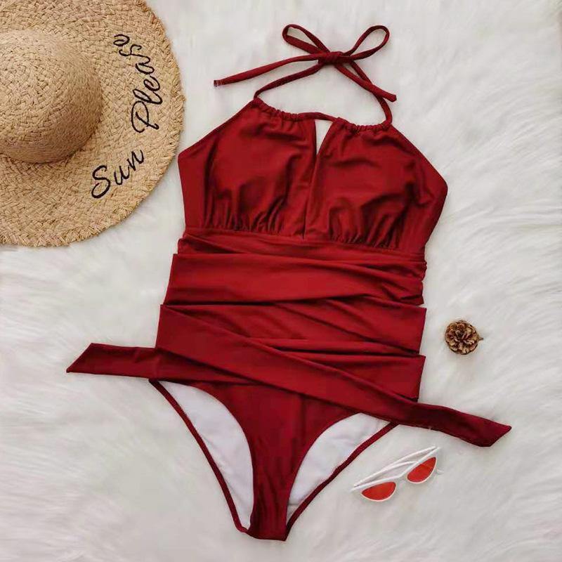 Wine Red Halter Plus Sizes Swimwear-STYLEGOING