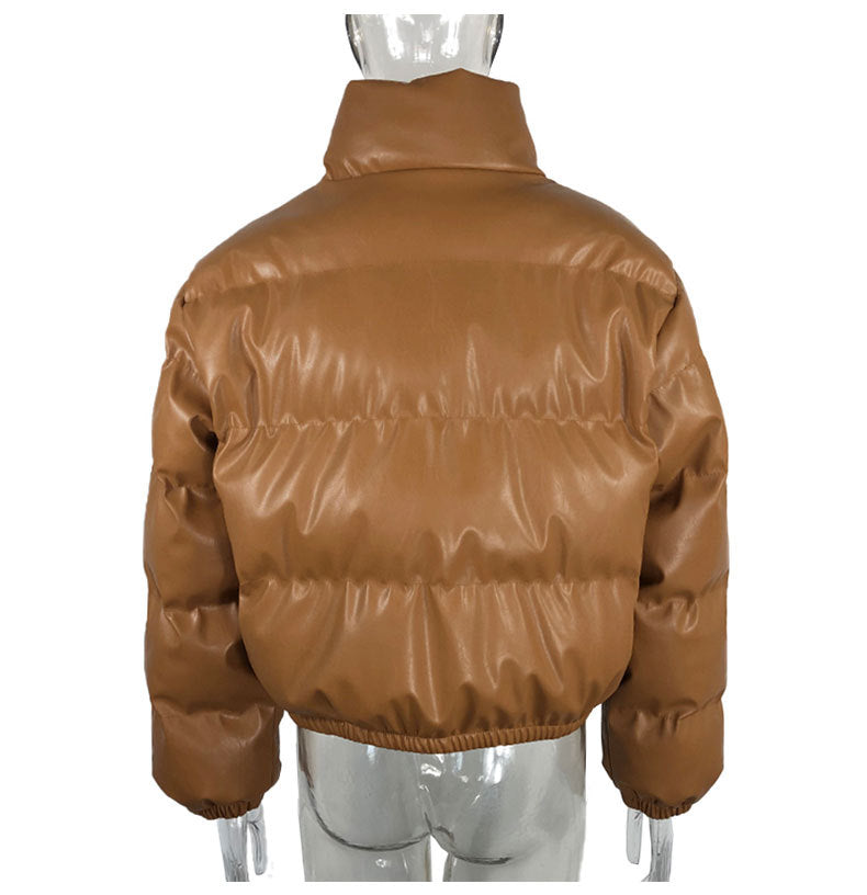 Fashion Casual Women PU Short Cotton Padded Overcoat