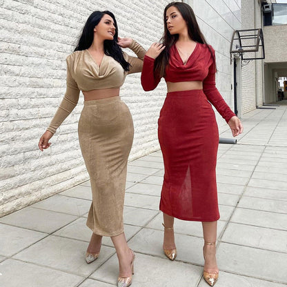 Sexy High Waist Long Sleeves Midriff Baring 2pcs/Set