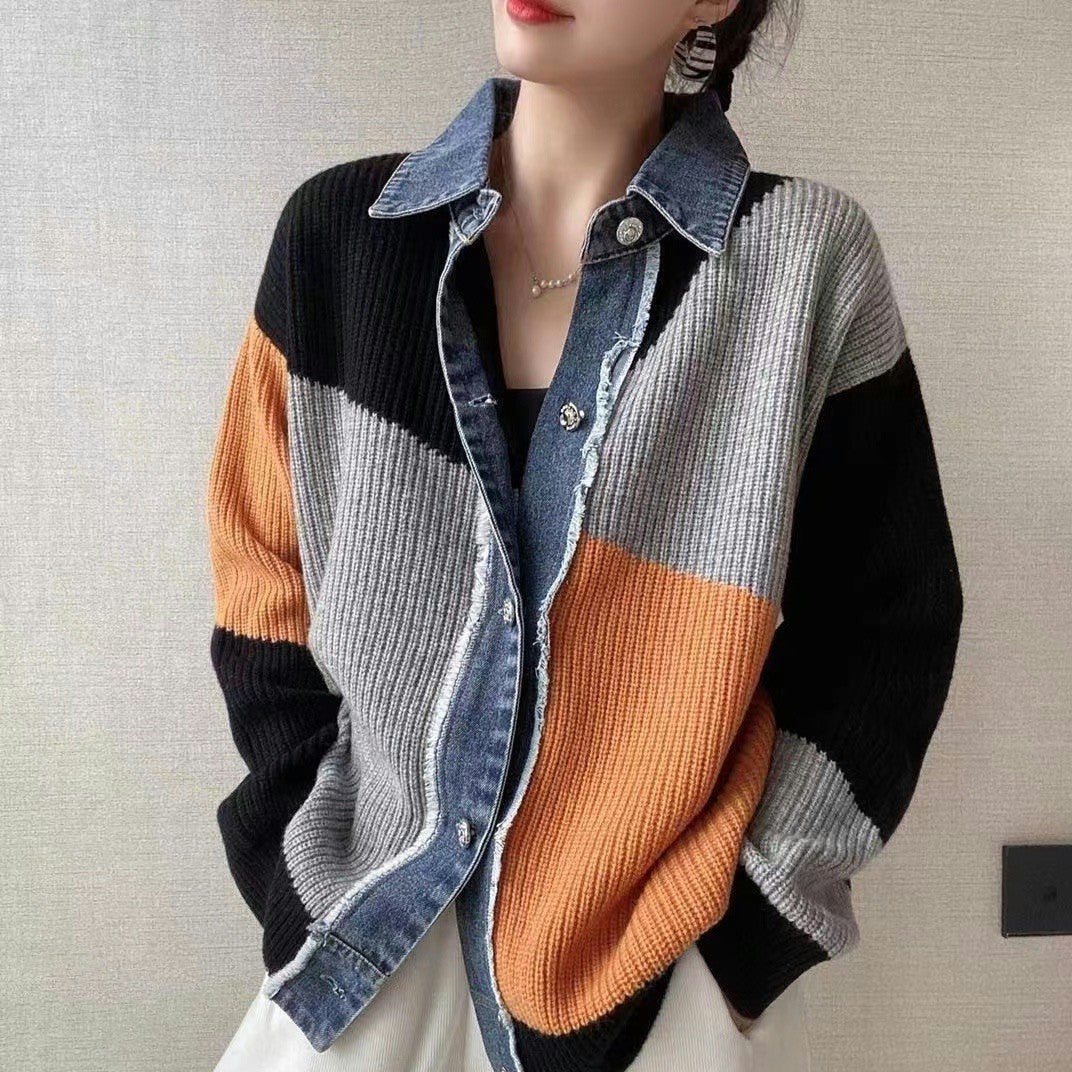 Women Fall Denim Knitting Sweater Outerwear