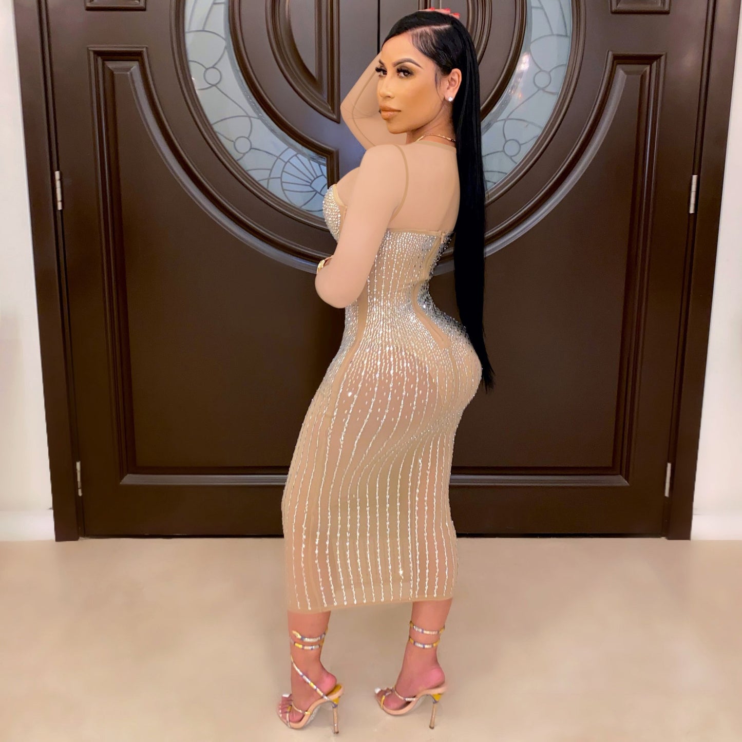 Sexy Diamond Inlay Long Sleeves Night Party Dresses