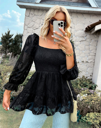 Square Neckline Fall Long Sleeves Shirts