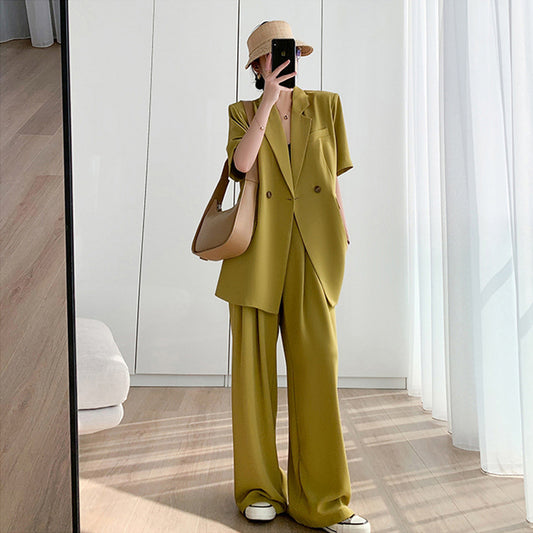 Elegant Short Sleeves Blazer and Wide Leg Pants Summer Outfits for Women