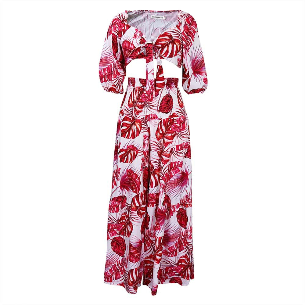 Casual Leaf Print Two Pieces Women Suits