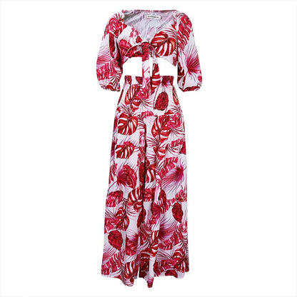 Casual Leaf Print Two Pieces Women Suits