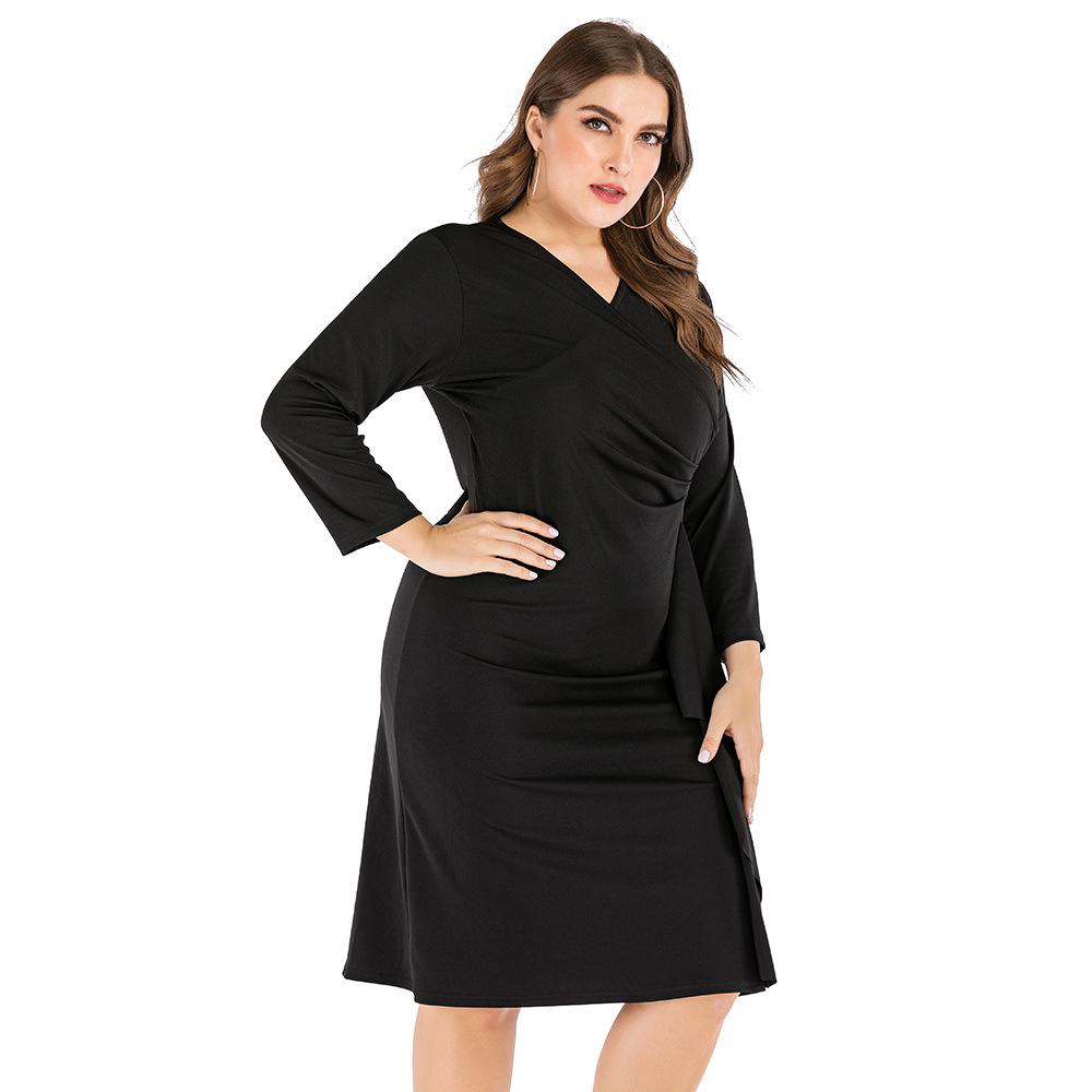 Black Long Sleeves V Neck Plus Sizes Fall Dresses-STYLEGOING