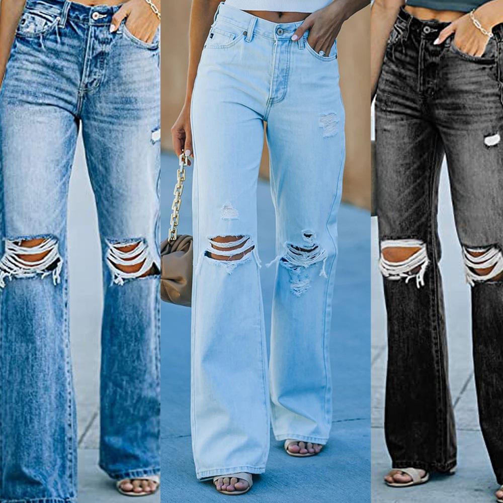 Women High Waist Broken Leisure Demin Pants-STYLEGOING