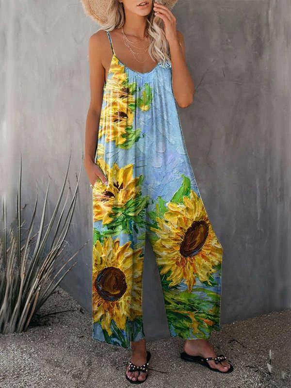 Sunflowers Spaghetti Straps Loose Jumpsuits-STYLEGOING