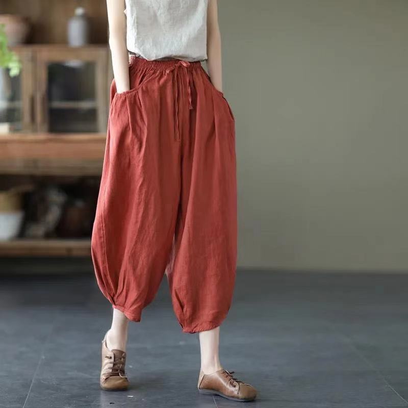 Vintage Elastic Waist Linen Summer Trousers for Women