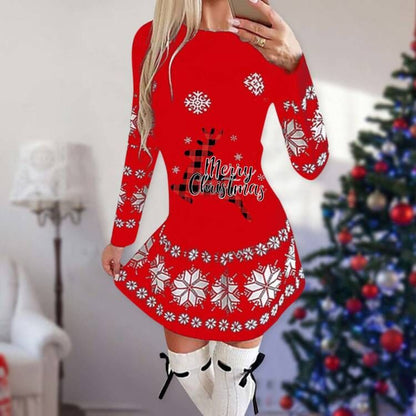 Merry Christmas Print Women Long Sleeves Dresses