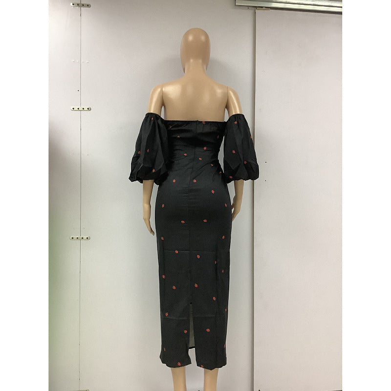 Sexy Strapless High Waist Puff Sleeves Strawberry Dresses