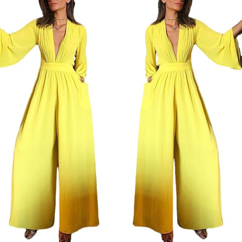 Yellow Long Sleeves V Neck Jumpsuits-STYLEGOING