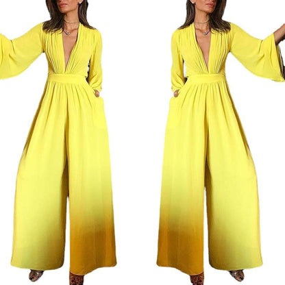 Yellow Long Sleeves V Neck Jumpsuits-STYLEGOING