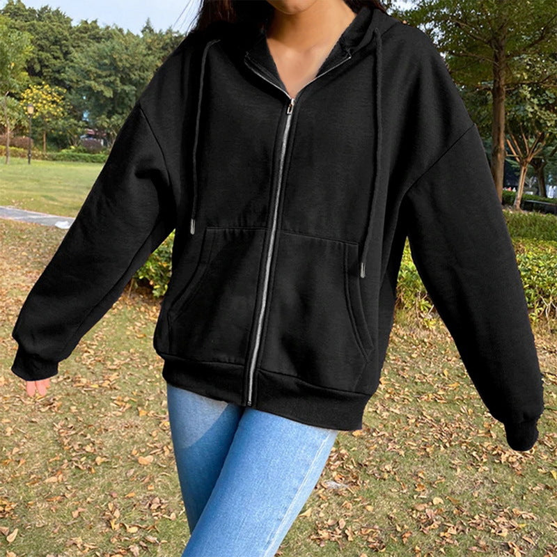 Casual Zipper Velvet Long Sleves Women Hoody Tops