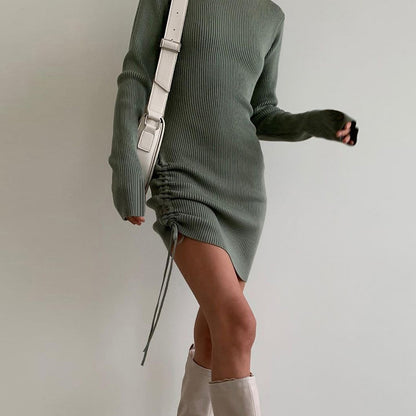 Sexy Women High Neck Drawstring Bodycon Fall Short Dresses