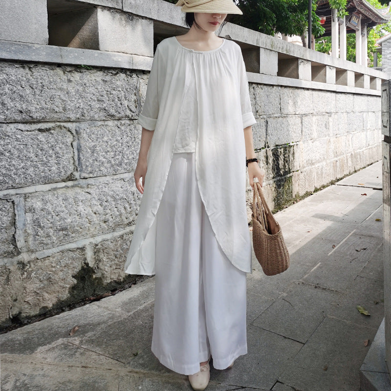 Casual White Long Sleeves Blouses and Linen Pants