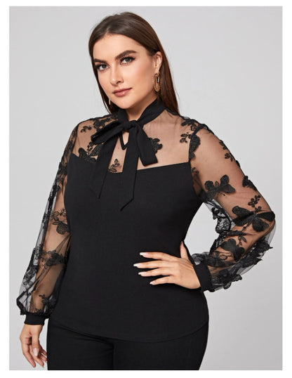 Black Tulle Plus Size Women Long Sleeves Shirts