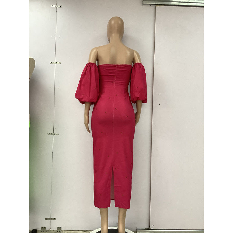 Sexy Strapless High Waist Puff Sleeves Strawberry Dresses