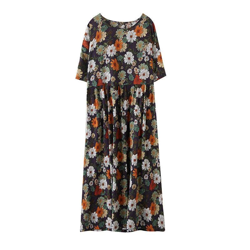 Vintage Flowers Design Summer Short Sleeves Long Cozy Dresses