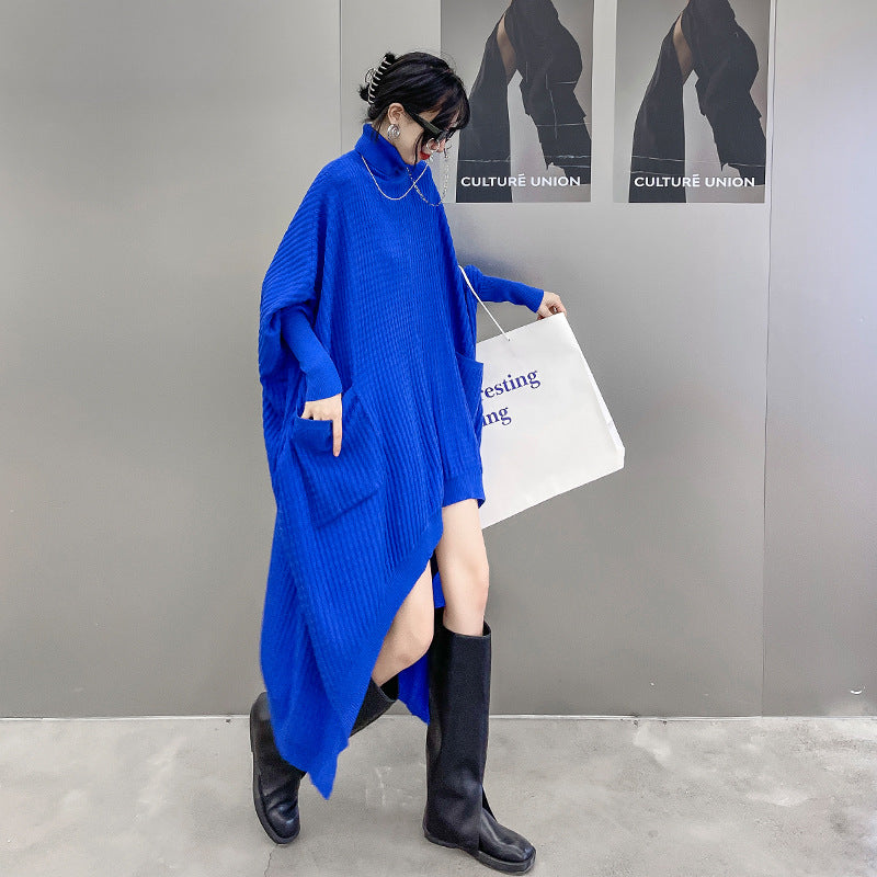 Women High Neck High Low Designed Knitted Long Cozy Dresses