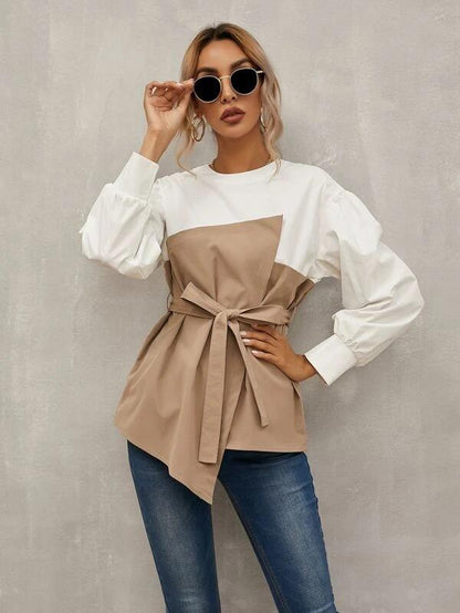Long Puff Sleeves Belt Loose Shirts-STYLEGOING