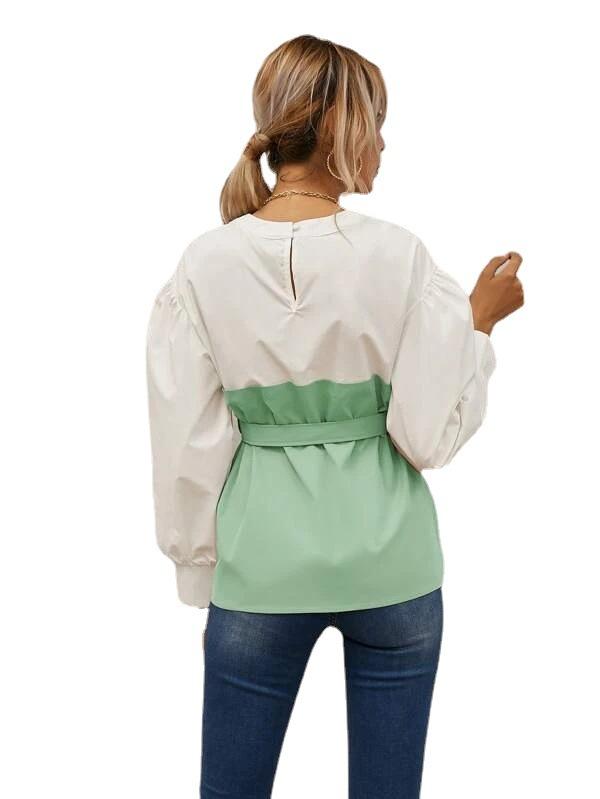 Long Puff Sleeves Belt Loose Shirts-STYLEGOING