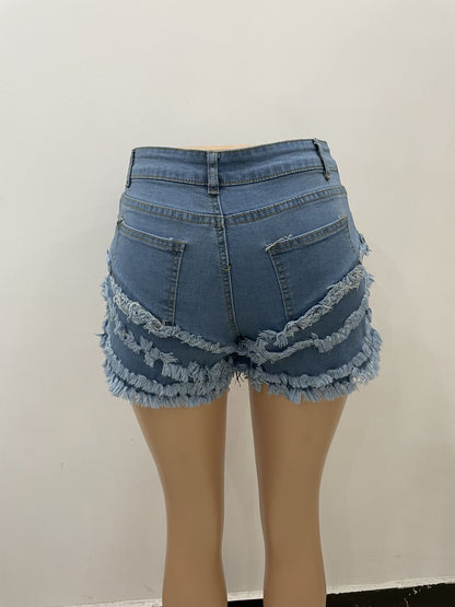 Casual Ruffled Denim Short Trousers for Women
