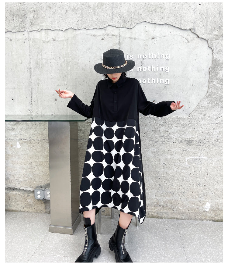 Vintage Dot Print Black Long Sleeves A Line Shirts Dresses