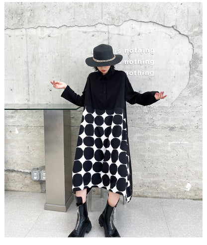 Vintage Dot Print Black Long Sleeves A Line Shirts Dresses